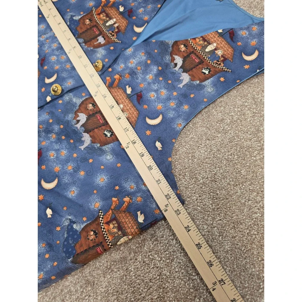 Vintage‎ Noahs Ark Animals Novelty Print Vest Blue Gold Buttons Teacher Size 1X